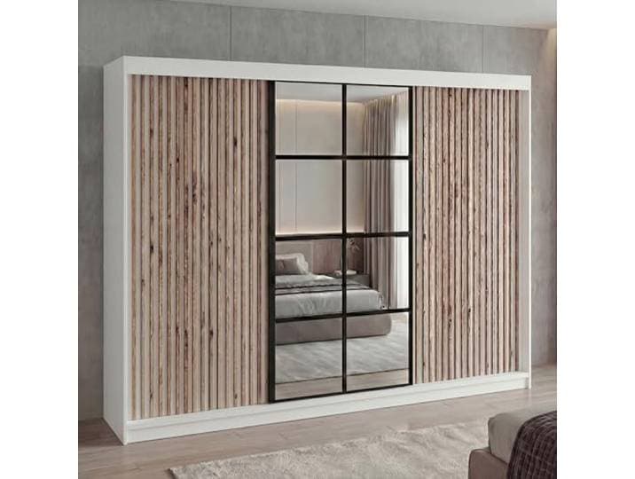 A&J MöbelLand Schwebetürenschrank NORIVO Kleiderschrank 200 cm mit Spiegel & Holzlamellen