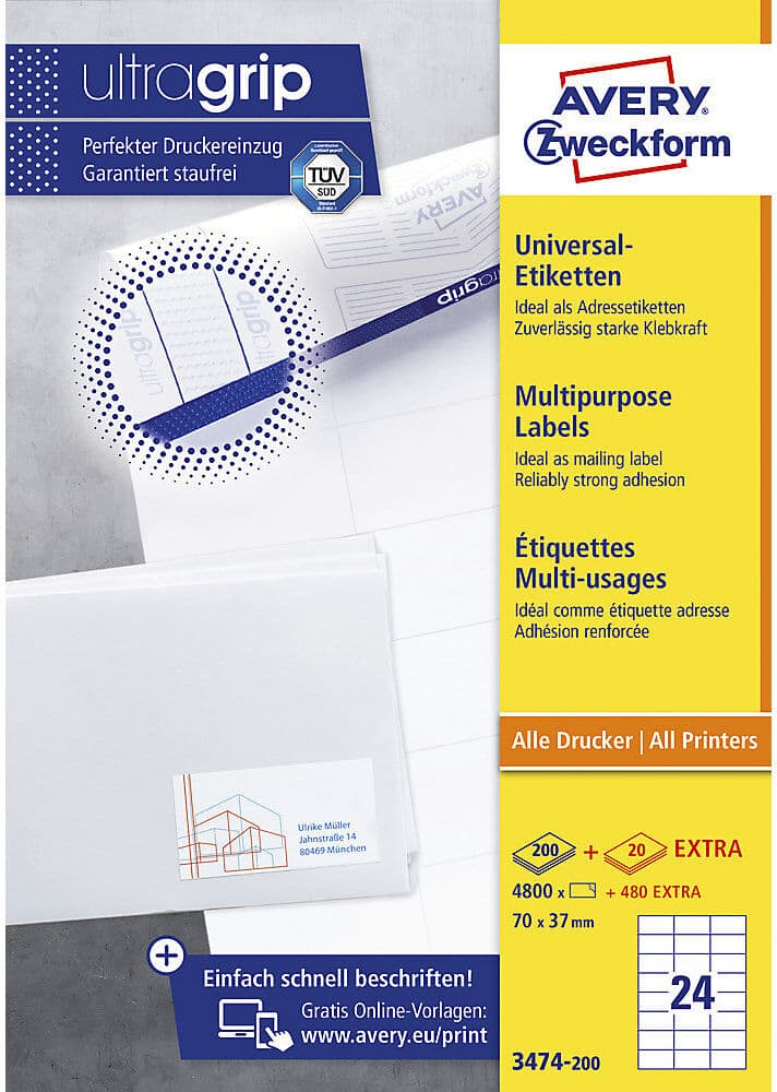 Universaletiketten permanent, weiß, LxB 70 x 37 mm, 200 Bögen kaiserkraft