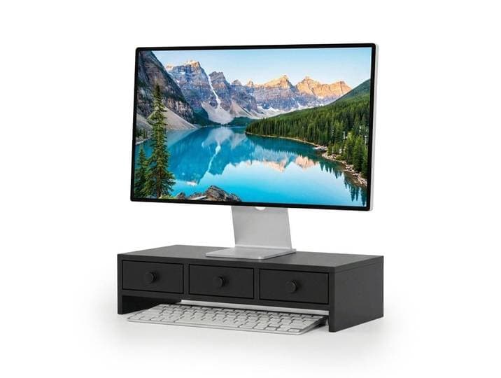 Relaxdays Monitorständer Schwarz MDF 3 Schubladen 51x24x12,5 cm, Holzwerkstoff, 51x12.5x24 cm, Büromöbel, Schreibtische
