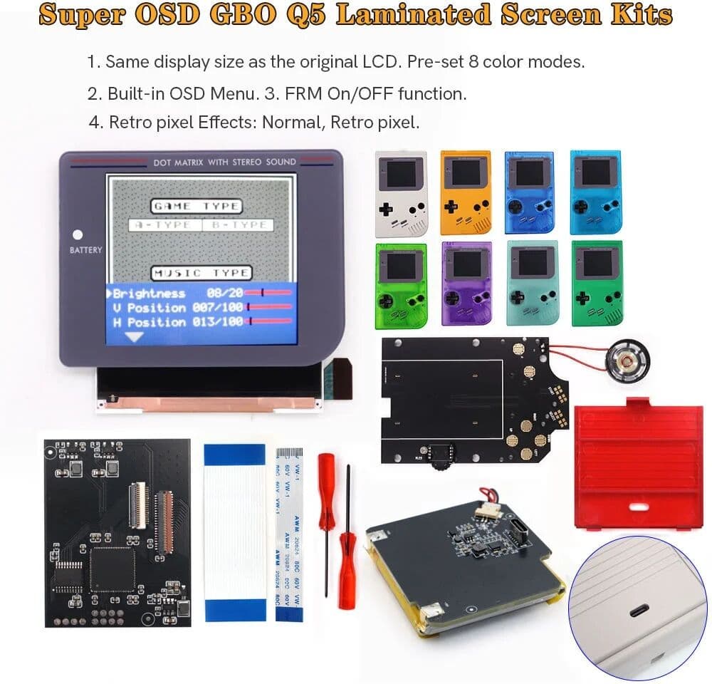 NONE Rechargeable Laminated Q5 3.1 Inches Larger Display HD IPS RIPS Screen OSD FRM For GB GBO DMG LCD Replacement Shell