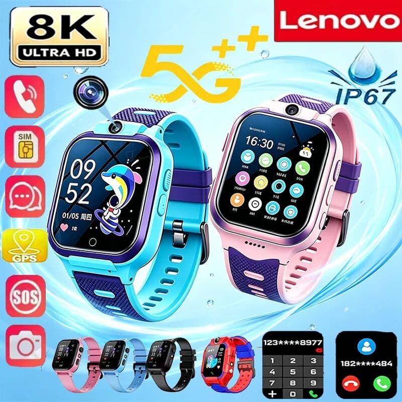 Lenovo 2027  5G 8K Kids GPS Smart Watch SOS Call Sim Card Location Camera Waterproof Child Watch Present Gift Electronics