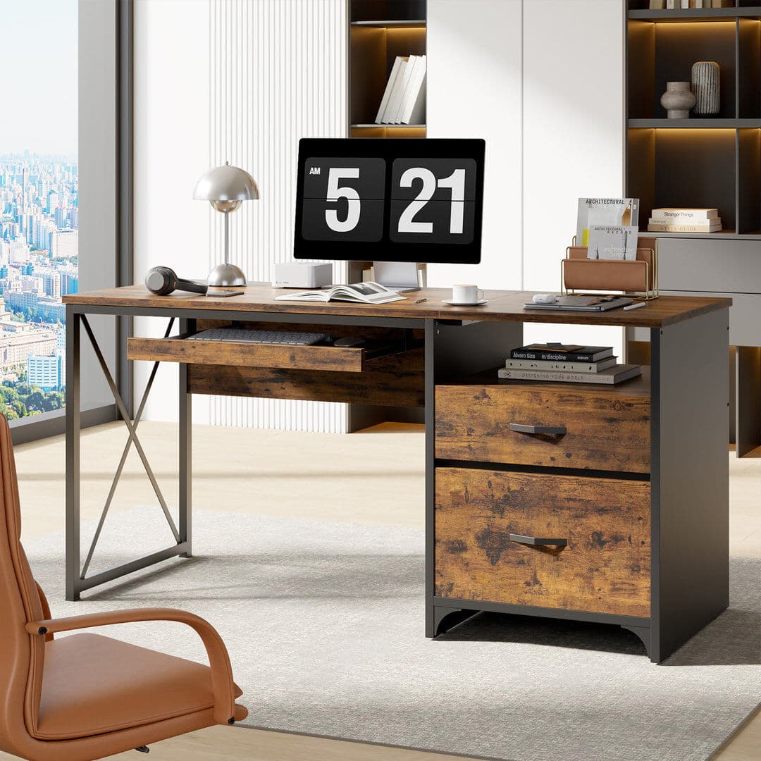 Borough Wharf 140cm Home Office Desks with 2 Storage Drawers, Reversible Computer Desks with Keyboard Tray and Open Shelf Brown 76.2cm H X 140cm W X 55cm D