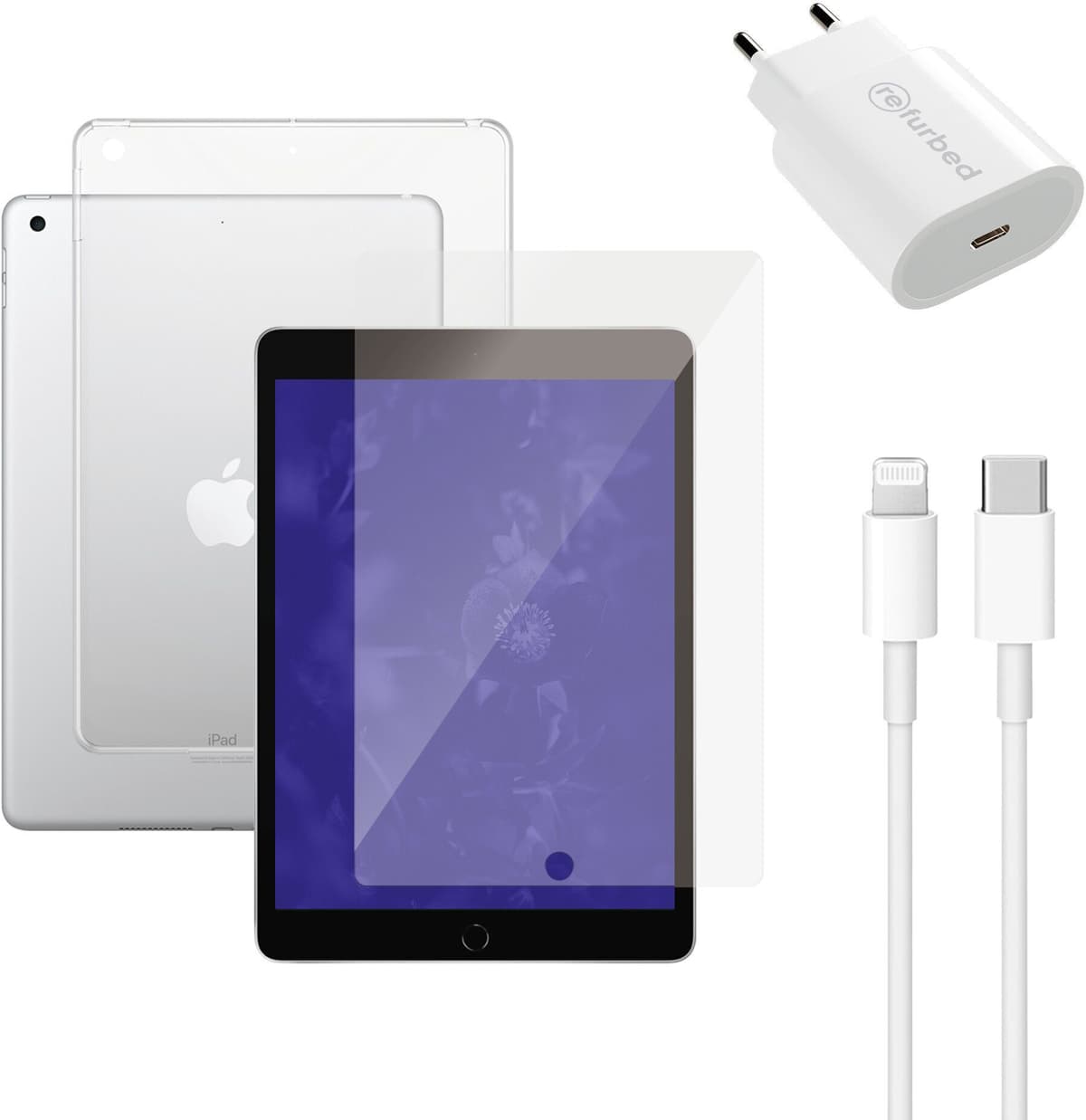 Snabbladdare (20W), kabel (Lightning), skärmskydd för surfplatta och transparent fodral för surfplatta   iPad Pro 10.2" (2019/2020/2021)   genomskinlig