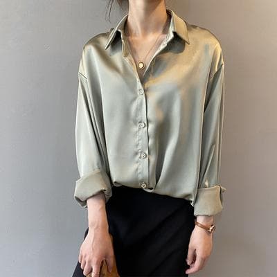 Multisell Products Hub Turn down Collar Ladies Blouse Autumn, Elegant Satin Loose Women Shirt Spring Vintage Casual Button Silk Tops green xxl
