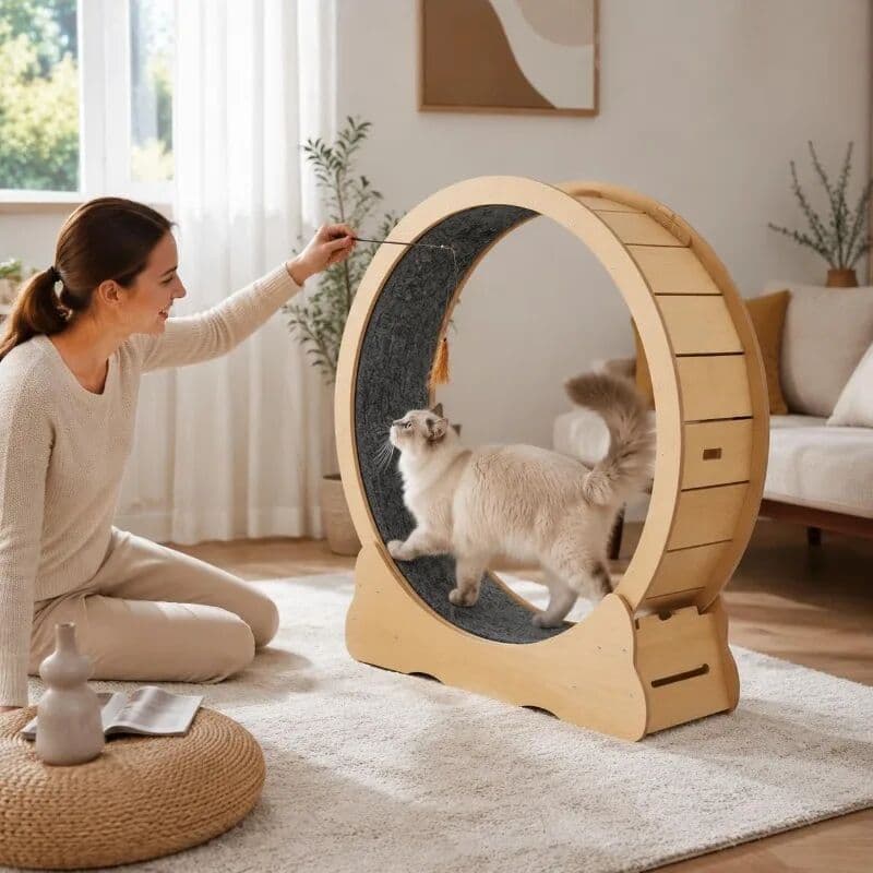 NONE Wooden Cat Exercise Wheel, 43.3 Inch Large Running Wheel with Detachable Carpet and Cat Teaser, Indoor Cat Treadmill for Running Walking Training, Spacious Pet Fitness Equipment for Home Use Yellow
