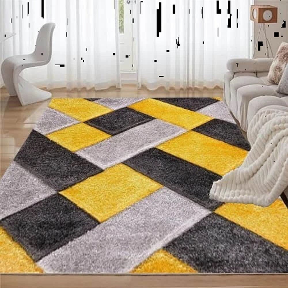 Ebern Designs Rectangle Geometric and Geometric Shapes Shaggy Area Rug Yellow Rectangle 80 X 150 cm