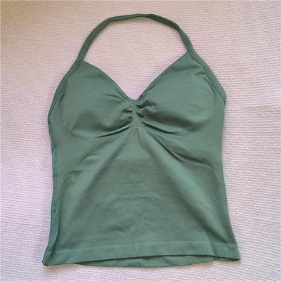 Trendy Discount Goods Women Sexy V Neck Longline Gym Tank Top, Seamless Strappy Padded Yoga Workout Vest, Slim Fit Running Sports Top pistachio Nut Green m