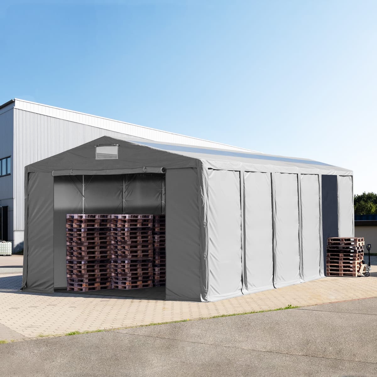 TOOLPORT Ipari sátor, 8x24m, PVC ponyva, szürke, padlókerettel, statikai megerősítés nélkül - (94251)