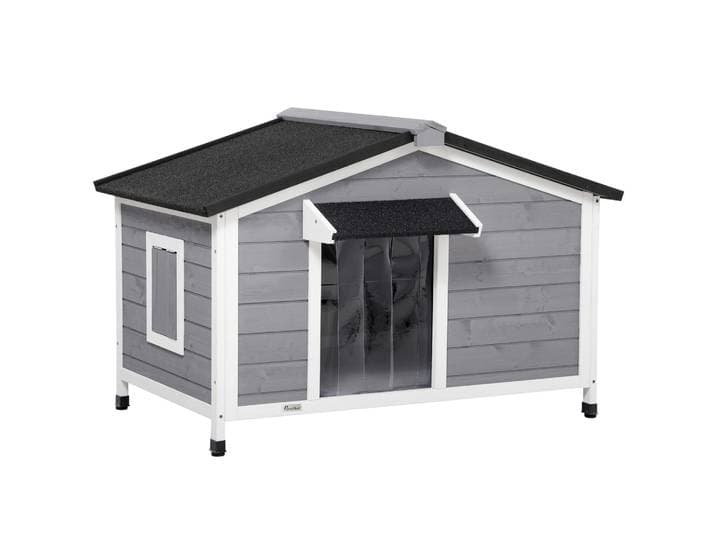 PawHut Niche chien style cottage - 2 fenêtres, porte, toit ouvrant bitumé - dim. 109 x 79 x 72 cm - bois sapin gris