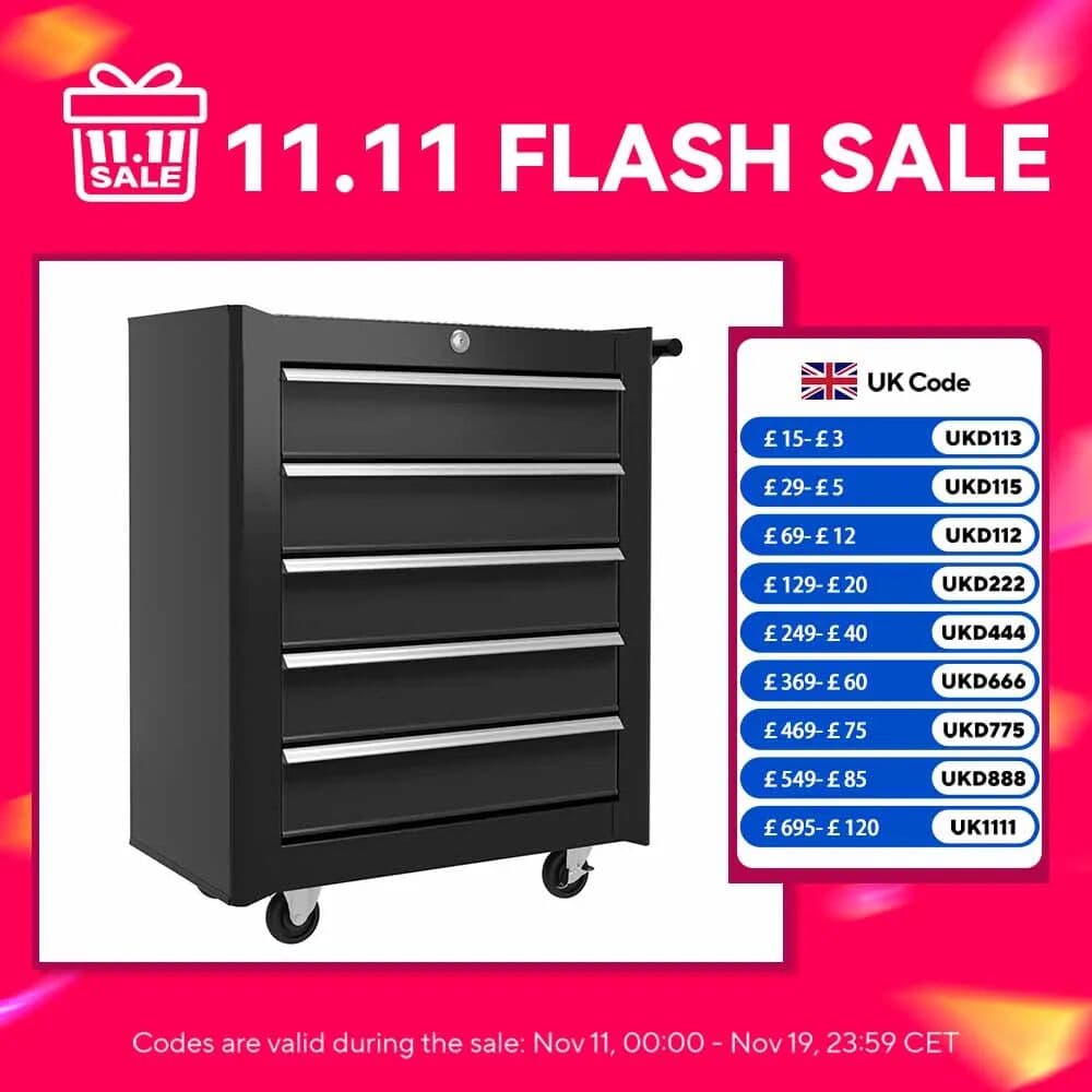Outsunny HOMCOM 5-Drawer Tool Chest Steel Lockable Tool Storage Cabinet w/ Wheels Black