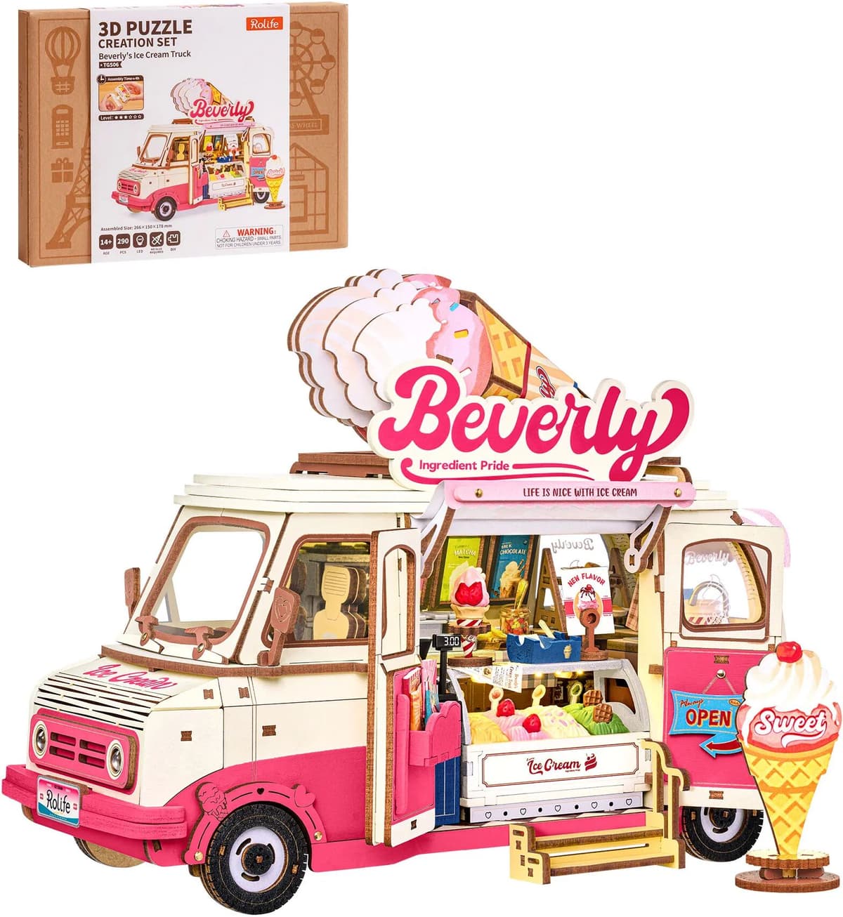 ROBOTIME Rolife Beverly's Ice Cream Truck 3D Wooden Puzzle Colorful Pastel Display Relaxing Craft Unique Gift for Women Girls