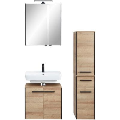 Badmöbel-Set SAPHIR "Quickset 395 3-teilig, Waschbeckenunterschrank mit LED-Spiegelschrank", braun, Riviera Eiche quer Nachbildungmit schwarzem L-Profil vorne, Kastenmöbel-Sets, Badmöbel-Set, Midischrank, inkl. Türdämpfer, 6 Türen, 1 Schublade, Bad-Set