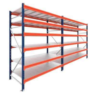 PROREGAL Weitspannregal Schwerlastregal Lagerregal DOMINUS Komplettregal 2 Felder HxBxT 300x300x100cm 6 Ebenen Stahlplatten Fachlast 500kg Blau/Orange