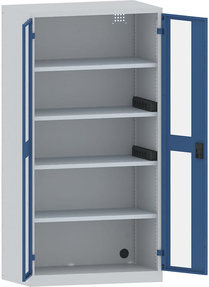 Akku-Ladeschrank, 4 Fachböden, Sichtfenstertüren, 2 Energieleisten seitlich, grau / blau LISTA