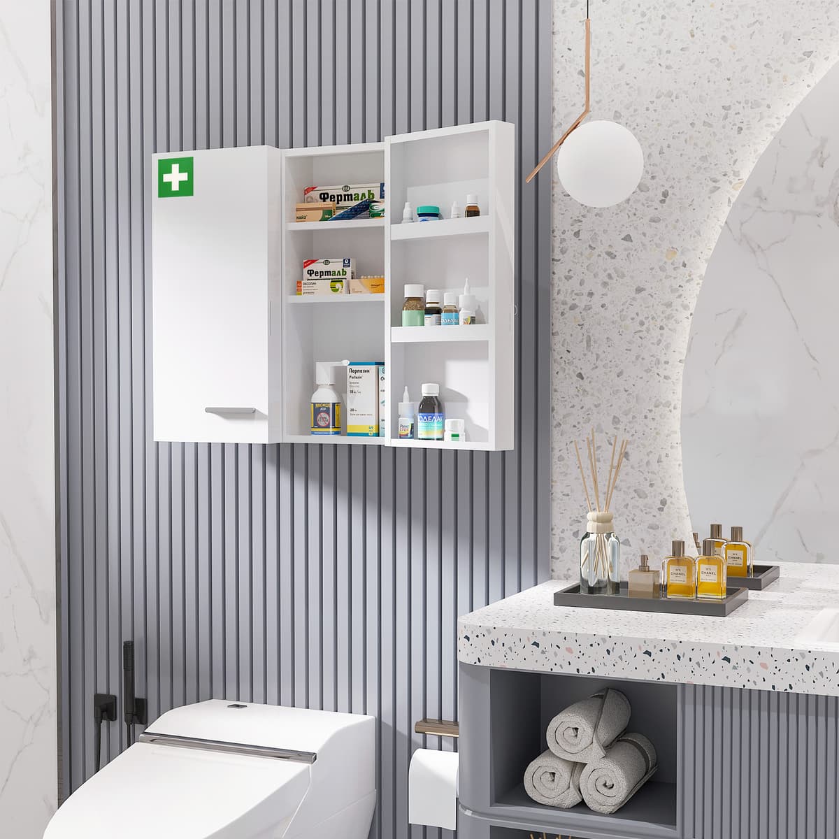 Kleankin Armadietto Medicinali a 6 Ripiani con Serratura e 2 Chiavi, in Acciaio, 55x18x60 cm, Bianco Aosom