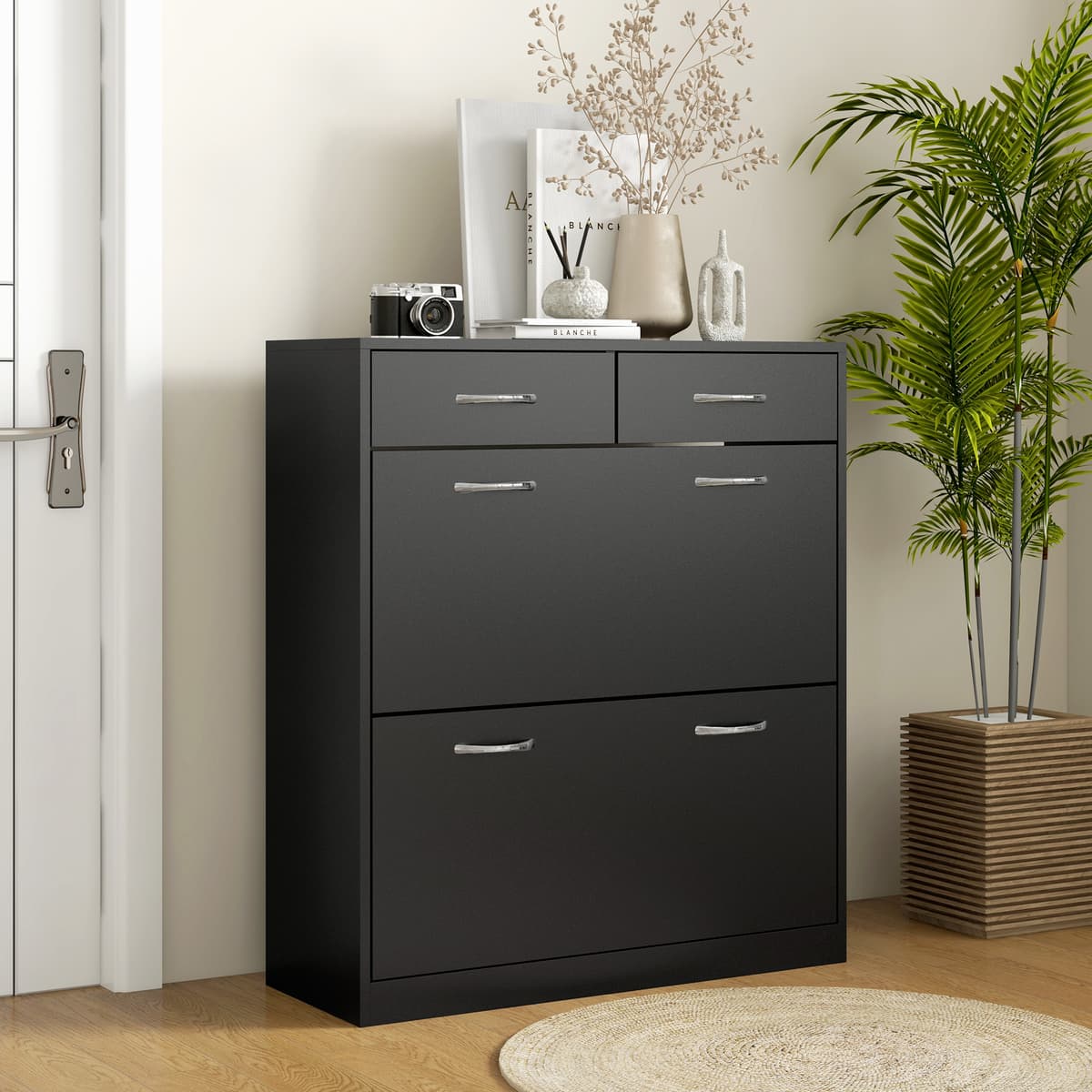 Homcom Mobile Scarpiera da 12 Paia con 2 Ripiani Interni Regolabili e 2 Cassetti, in Legno, 80x30x91.5 cm, Nero