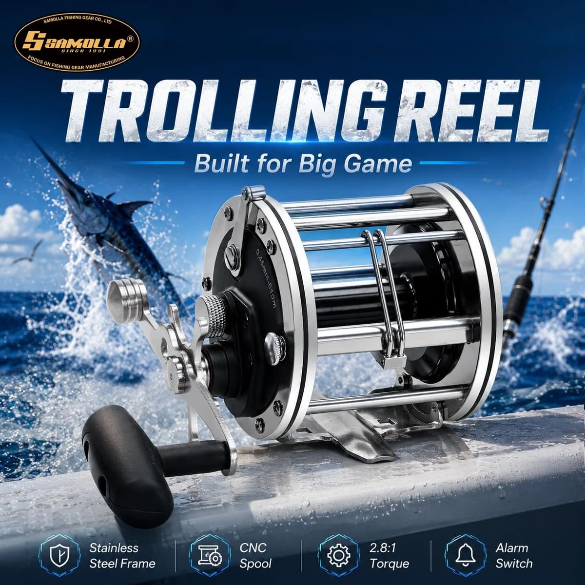 SAMOLLA Strong Trolling Reel Reinforced All Metal Saltwater Sea Boat Fishing Baitcasting Drum Wheel for Catfish Musky Bass Surf