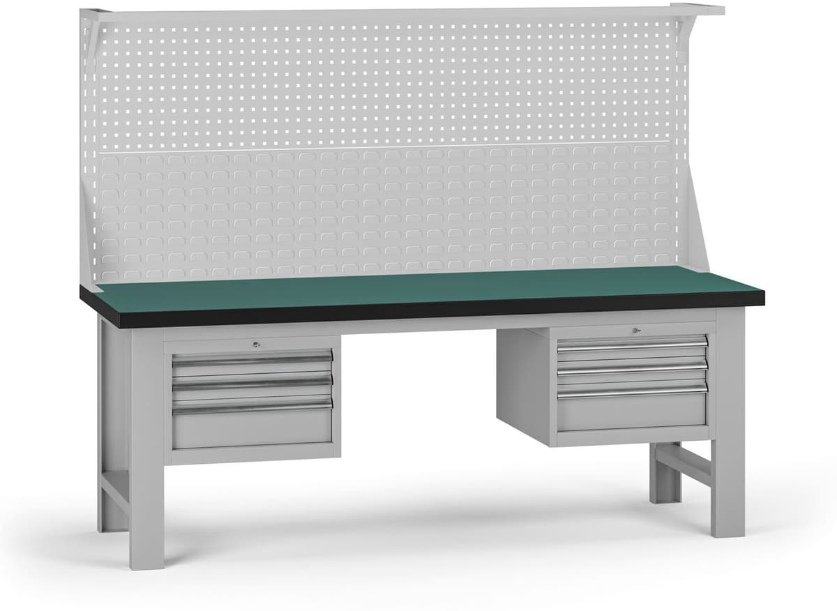 B2B Partner Stół warsztatowy G8 z panelem, 2100 x 750 x 800 mm, 2x kontener, 6x szuflada, szary
