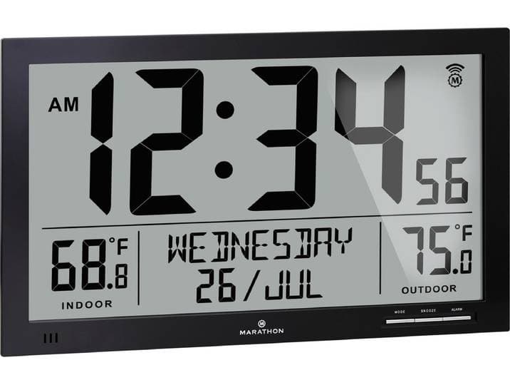 Marathon- Denver- Klok- Weergave van de binnen- en buitentemperatuur- Radiogestuurde tijd en kalender- Grote cijfers voor een optimale leesbaarheid- Geleverd met thermosensor- Zwart- Proudly Canadian
