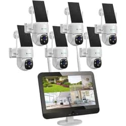 LUVISION Dual WLAN PTZ Überwachungssystem mit LED Monitor 4MP Solar PTZ Überwachungskamera Mikrofon, Sirene, Smarte Nachtsicht 6 Kameras
