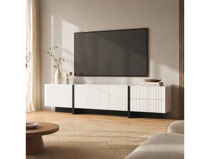 MEUVYX Meuble TV avec 3 portes 2 tiroirs et charnières amorties pour salon noir et blanc 190 × 35 × 45 cm