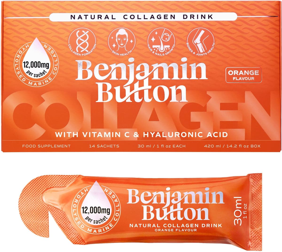 Benjamin Button 12,000mg Marine Collagen Drink - Orange Liquid Sachets