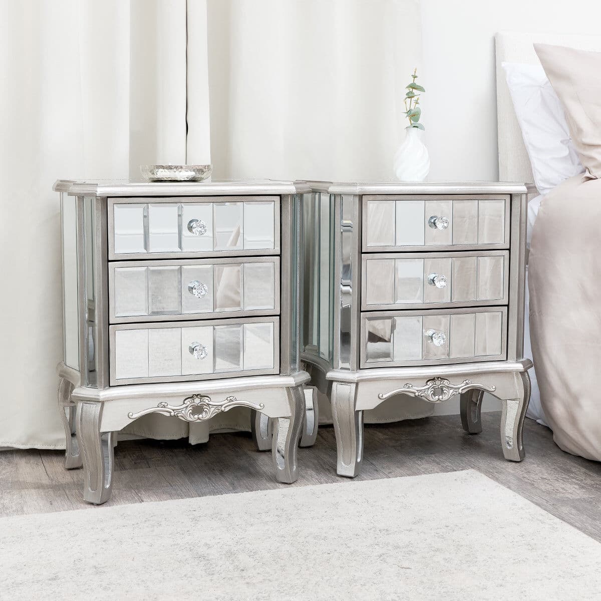Silver Mirrored Double Wardrobe, Chest of Drawers, Large Dressing Table Set & 3 Drawer Bedside Tables - Tiffany Range Glass, Wood