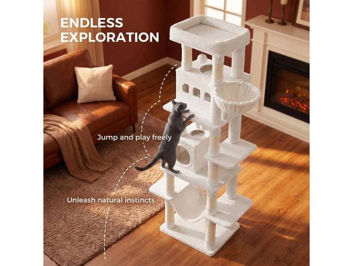 Arbre à chat Hzuaneri 170 cm blanc crème, grand modèle, avec 8 poteaux à gratter, grandes plateformes, tapis lavable, balles en peluche, arbre à chat multi-niveaux