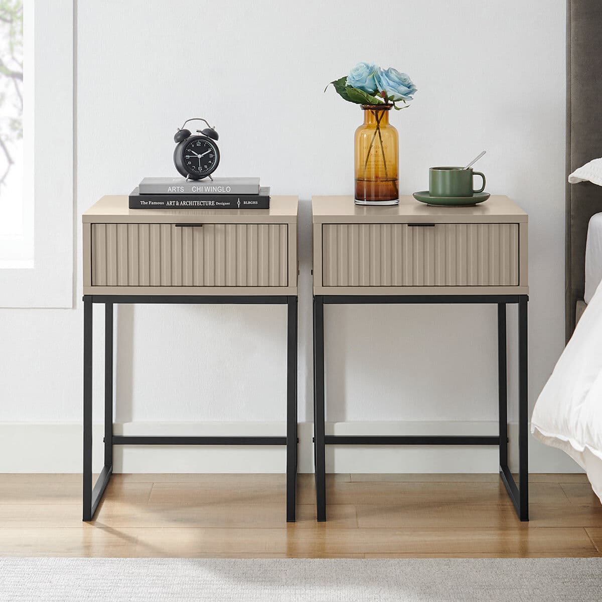 Pair of One Drawer Bedside Tables - Hesley Taupe Stone Range Metal, Wood