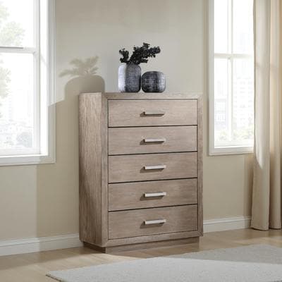 Benjara Keno Tall Dresser Chest, 5 Drawers, Bar Handles, Brown Acacia Wood