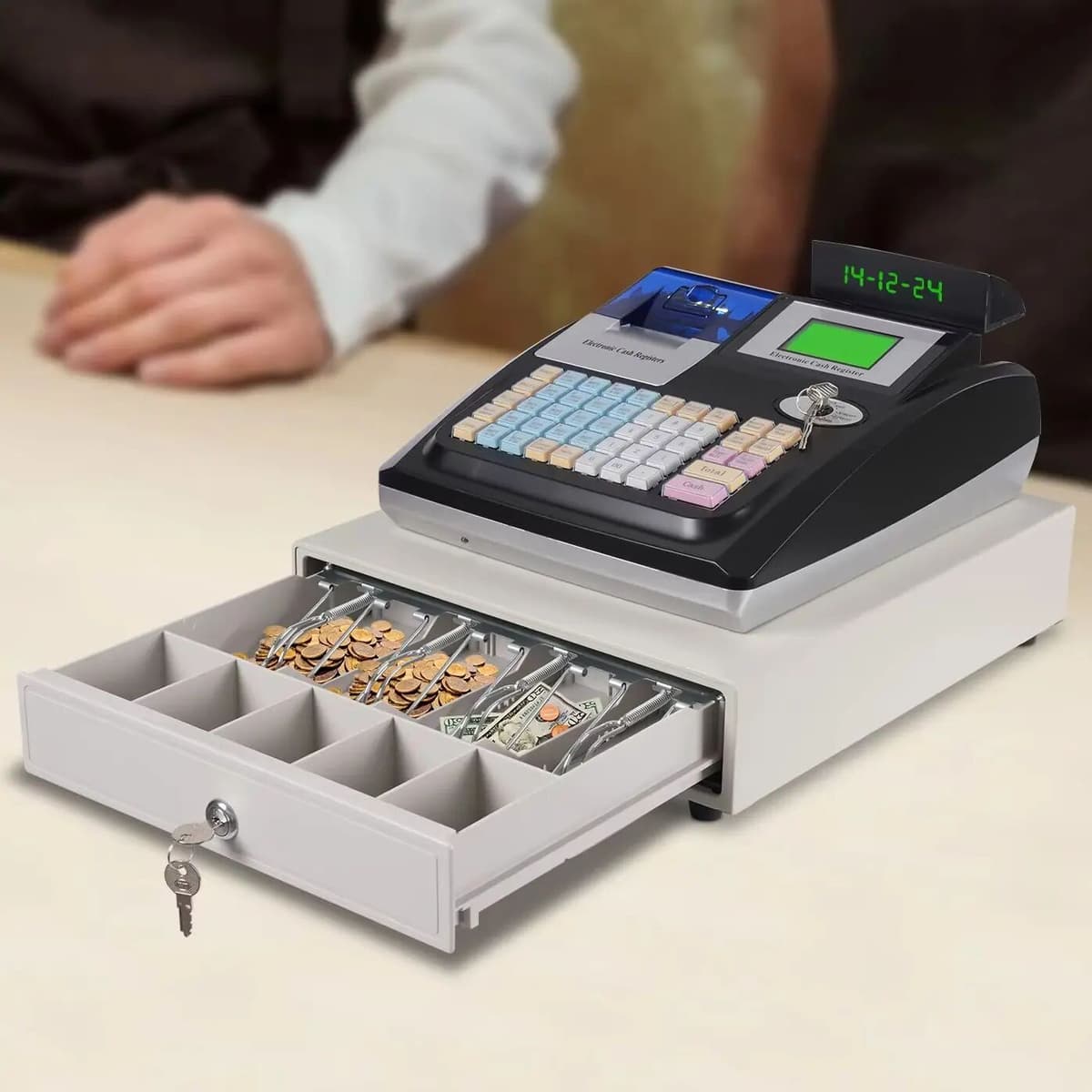 NONE 48 Keys Electronic Cash Register Multi-Function Pos Cash Register Machine with Thermal Receipt Printer LED Two Way Display for Restaurants, Supermarkets, Wholesale Markets