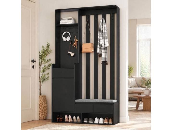Meuble d'entrée avec panneau perforé 4 crochets banc rembourré - ELVMI - MDF noir 100 x 35 x 180 cm