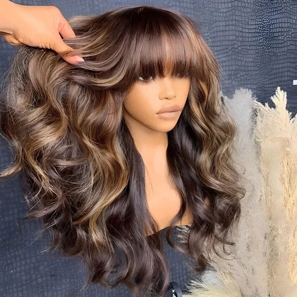 Rebecca Youth 180D Highlight Body Wave Human Hair Wig With Bangs Put On And Go Ombre Blonde Peruvian Body Wavy Human Hair Wigs For Women