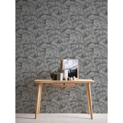 Vliestapete A.S. CRÉATION "Casual Living florale Tapete Mustertapete Blätter Blattmuster", schwarz (anthrazit,grau,silber), B:0,53m H:0,02m L:10,05m, Vlies, Tapeten, Vliestapete Blättertapete für Schlafzimmer Küche Wohnzimmer Floral