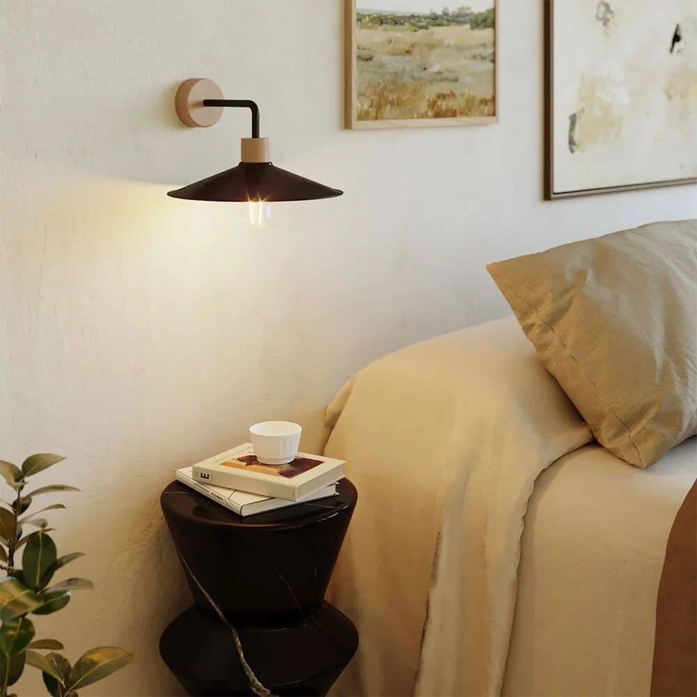 Creative Lámpara De Pared Fermaluce Wood Wooden With Swing Shade And Curved Extension Black One Size