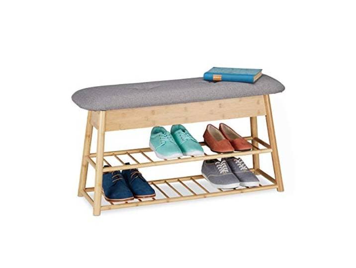 Relaxdays schoenenbank met opbergruimte, voor 8 paar schoenen, 2 planken, bamboe, schoenenrek, HBD 48x90x28 cm, natuur