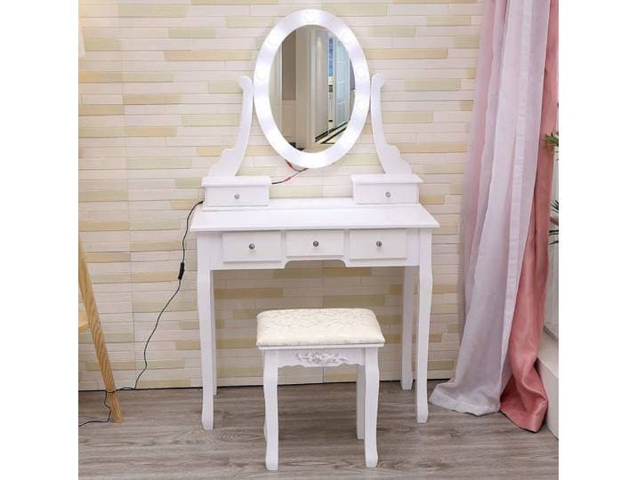 Table de Maquillage avec Miroir LED Ovale – 3 Températures de Lumière 5 Tiroirs de Rangement Tabouret Moelleux 80x40x144cm