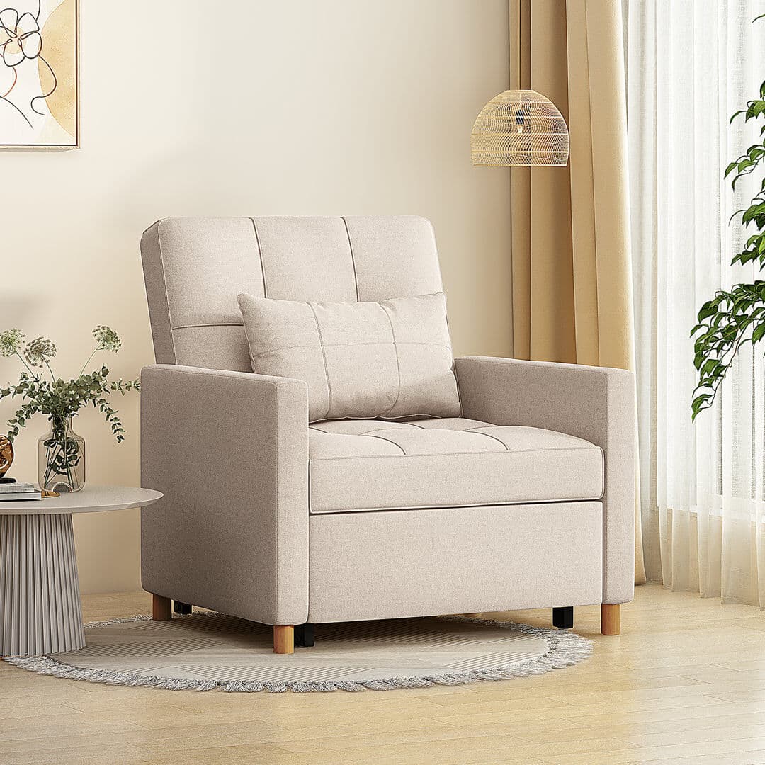 Blue Elephant Upholstered Linen Convertible Chair Beige 30.5cm H X 80cm W X 175cm D