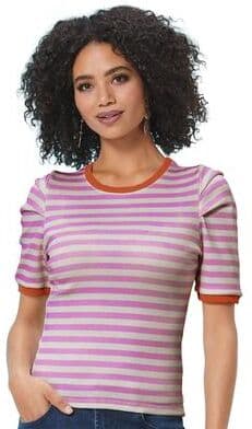 Masseys Puff Sleeve Ribbed Tee (Size Medium) Orchid/Cream/Orange, Cotton,Elastine