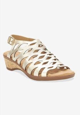 Extra Wide Width Women's Katia Wedge Sandal by Ros Hommerson in Gold Platino Leather (Size 9 WW)