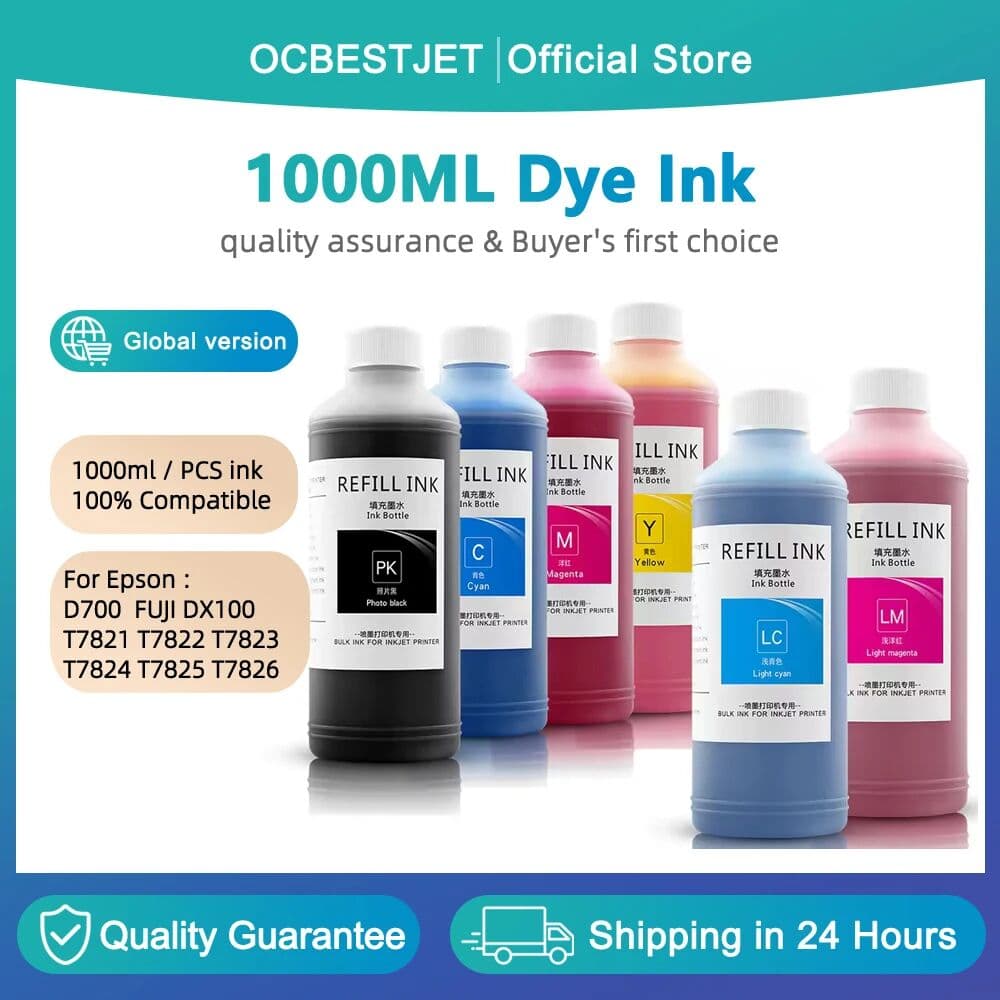 OCBESTJET 1000ML Dye Ink For Epson D700 FUJI DX100 Inkjet Printer For Espon T7821 T7822 T7823 T7824 T7825 T7826 Refillable Cartridge