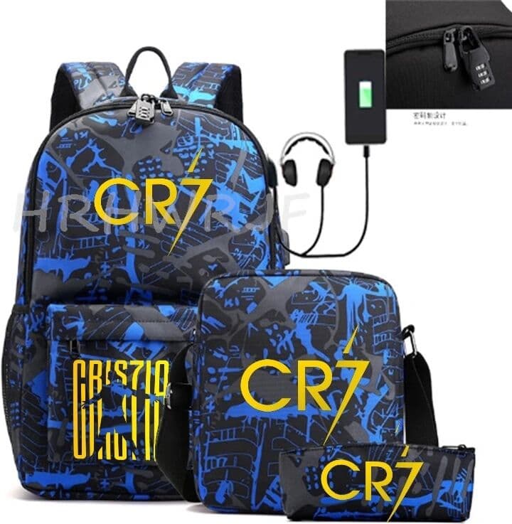 NONE Sports Casual CR7 Backpacks 3pcs Simple Lightweight Capacity Teens Laptop School Bags Women Men Travel USB An-ti Lock Mochilas