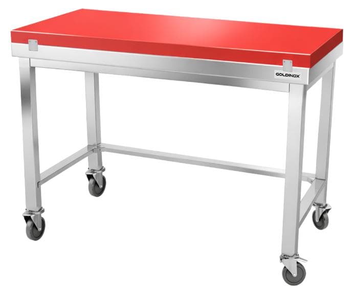 Arbeitstisch aus Edelstahl, 1600 x 600 mm, mit roter Schneideplatte und Rollenuntergestell, - GOLDINOX