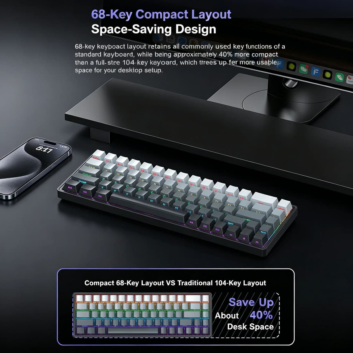 APAYADO A68 RGB Mini Slim USB Wired Mechanical Gaming Keyboard  68 Keys Gamer Quick Light Adjustment for Compute PC Laptop