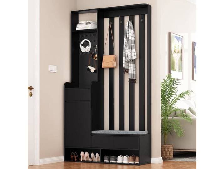 Porte-manteau d'entrée avec banc et panneau perforé organisateur moderne avec 4 crochets Noir