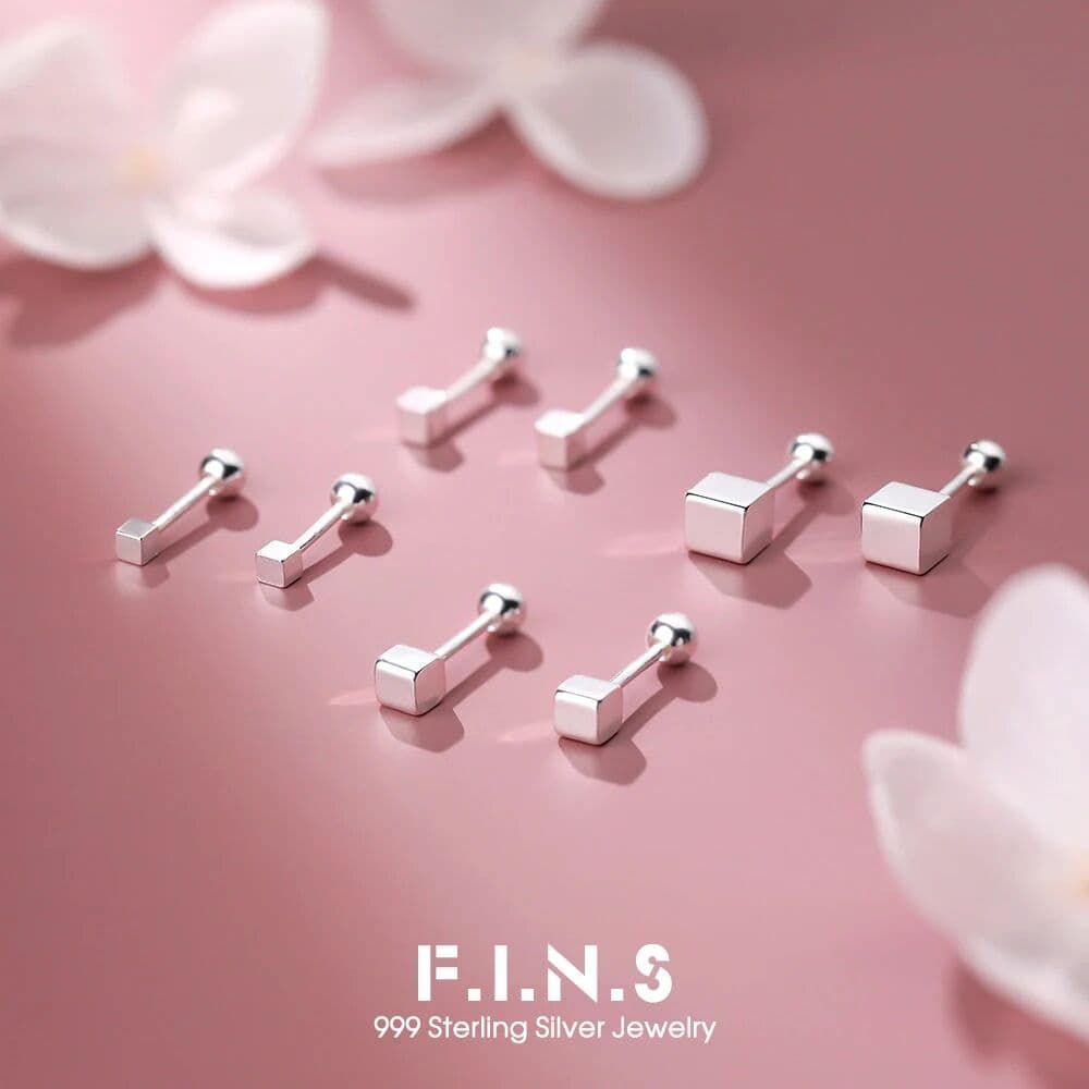 BIG J.W F.I.N.S Minimalism 999 Sterling Silver Small Square Stud Earrings For Women Versatile Pierced Small Mini Ear Screw Studs Jewelry