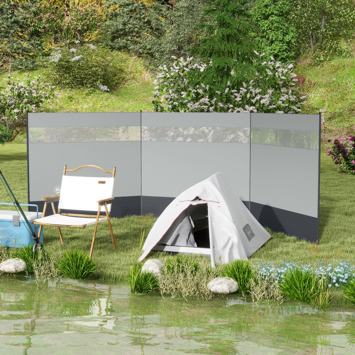 Outsunny Paravento campeggio pieghevole con pali e borsa, 440x140 cm, Grigio chiaro   Aosom Italy