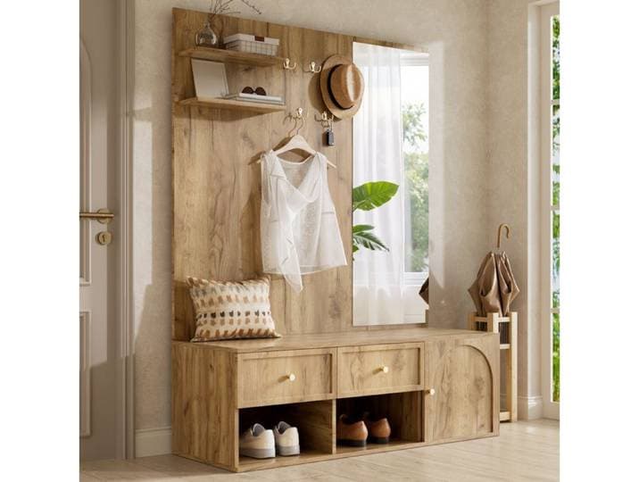 HOMVRA Vestiaire d'entrée 120 x 35 x 159 cm avec miroir 5 crochets 2 tiroirs banc à chaussures aspect bois