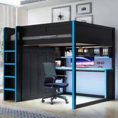 Full Size Loft Bed With Built-In Wardrobe, Usb, Desk, Over-Desk Storage Shelves & Under-Desk Led Lights