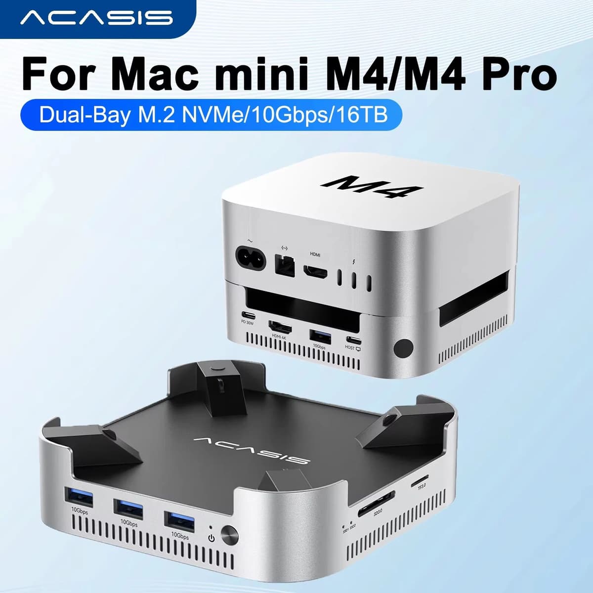 Acasis Mac Mini Docking Station USB C Hub with Dual-bay M.2 NVMe SSD Enclosure 10Gbps USB-A Splitter SD&TF for Mac Mini M4 Pro